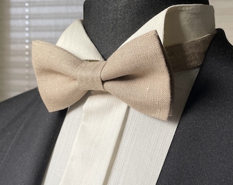 Champagne Groom&#39;s Accessory - Wedding Linen Bow tie - Neutral Tan Bowtie - Christening Dad Baby bowtie