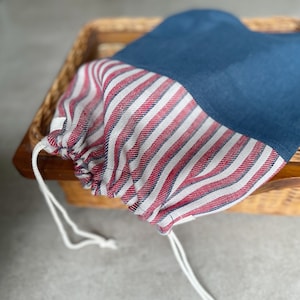 Monogrammed Linen Drawstring Bag - Blue Red Striped Travel Organizer bag - Linen storage bag - Reusable Gift Bag