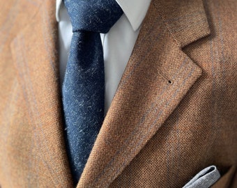 Corbata de lana azul marino - Corbata de invierno de negocios casual azul oscuro sólido - Corbata de tela vintage
