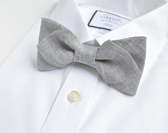 Melange Gray Linen Diamond Point Pre- tied Bowtie for Groom, Groomsmen, Wedding, Prom