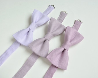 Pale Lavender, Iris, Wisteria Linen Men Bow ties for Wedding - Groom, Groomsmen, Ring Bearer Bowties - Pastel Purple Pocket squares