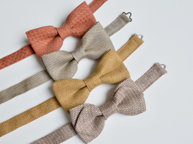 Set of Brown, Rust Mix and Match Linen Bowties Casual, Boho, Vintage inspired Wedding Groomsmen Bow ties image 6