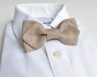 Rustic Jacquard Linen Taupe Brown Neutral Textured Vintage Style Diamond Point Men Bowtie