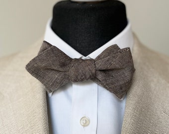 Textured Melange Brown Linen Self Tied Bow tie - Diamond Point, Butterfly Free Style Bow tie for men