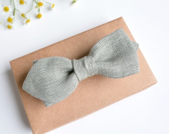 Sage Green Melange Diamond point slim pre-tied Linen Bow Tie - Olive Green Boho Grooms, Groomsmen Wedding, Prom, Birthday