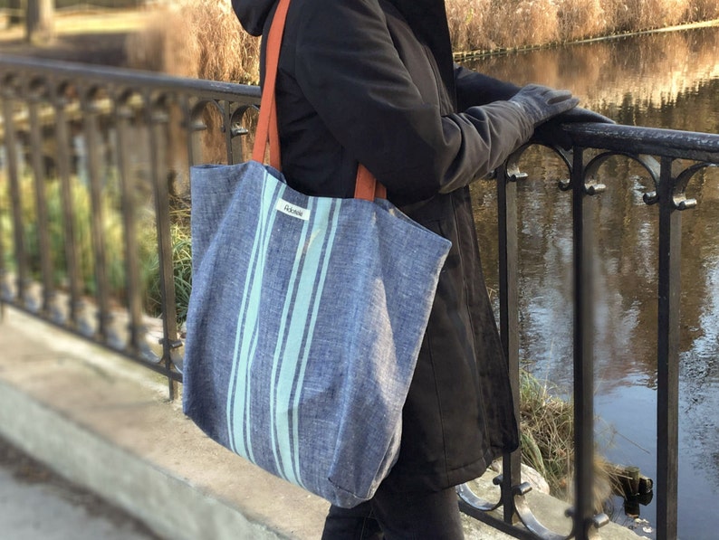 Large linen canvas shopper bag Market bag blue with orange straps Beach Bag