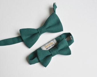 Juniper Green Linen Bow Tie - Matching Dad Son Bow ties - Men, Boys, Groomsmen Emerald Gem Green Bow ties
