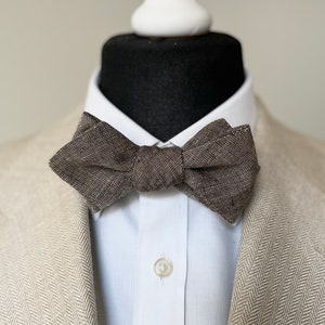 Brown Linen Self Tied Bow tie Diamond Point Free Style Men Solid Brown Bow tie image 4