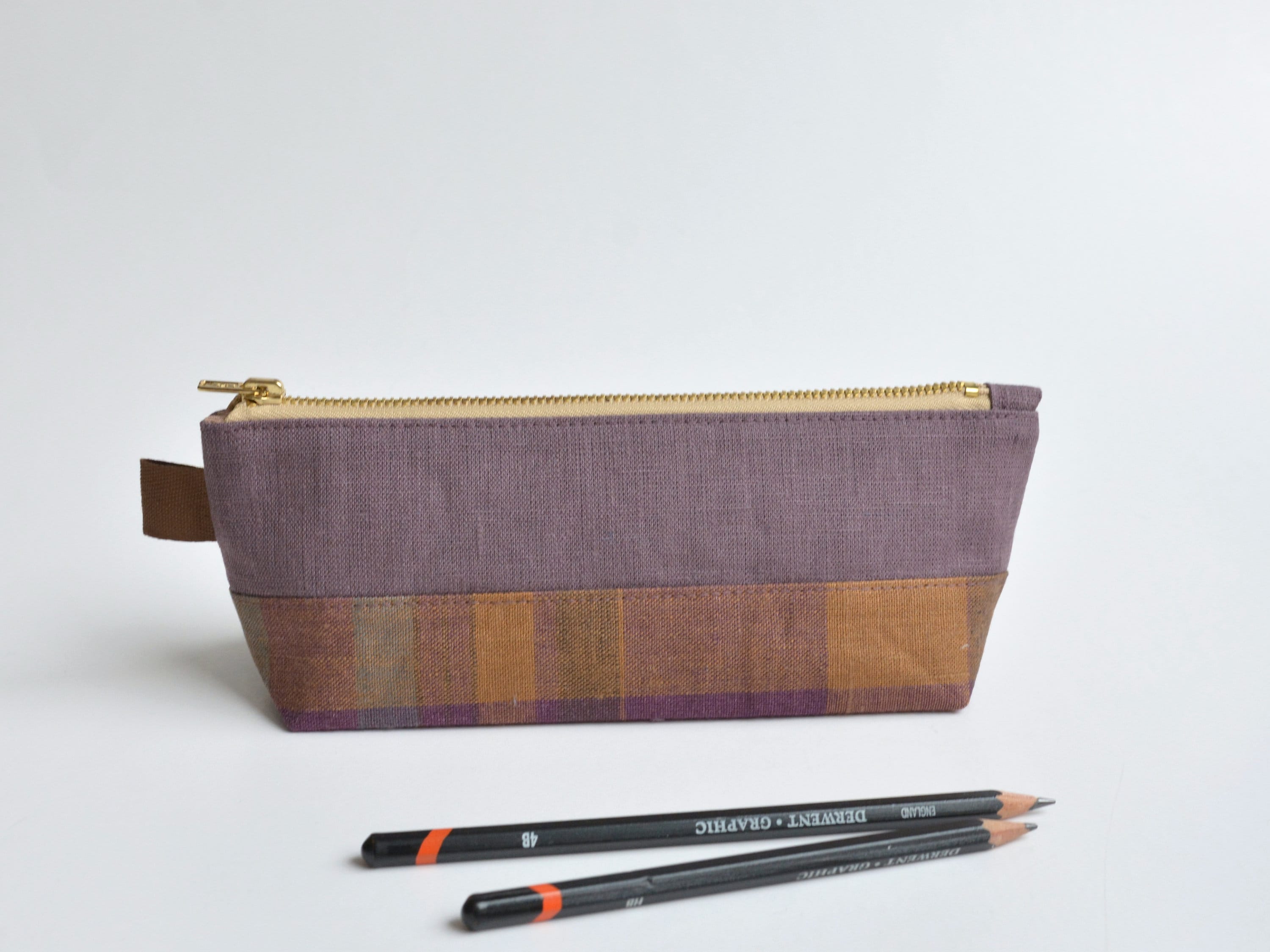 Linen Pencil Case Adult Pen Organizer Purple Brown Tartan Zippered