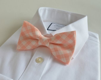 Checkered Peach Orange Linen Bow ties - Tropical Wedding Ties - Groomsmen bow ties - Beach Wedding