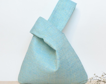 Elegant Japanese Knot Mint Blue Linen Wedding, Prom Purse - Minimalist Evening Bag