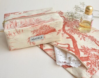 Makeup & Lingerie Bag, Zip Pouch Set from White Red Toile Cotton - French Style Travel Organizer