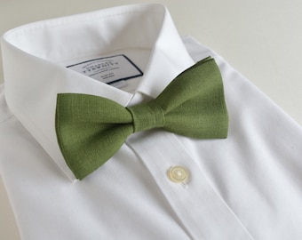 Forest Green Bowtie - Moss Green Linen Wedding Ties - Matching Dad Son bowties