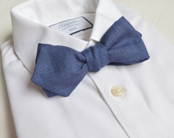 Navy Blue Linen Diamond Point Free Style Bowtie Ready Tied - Business Casual Boho Bowtie