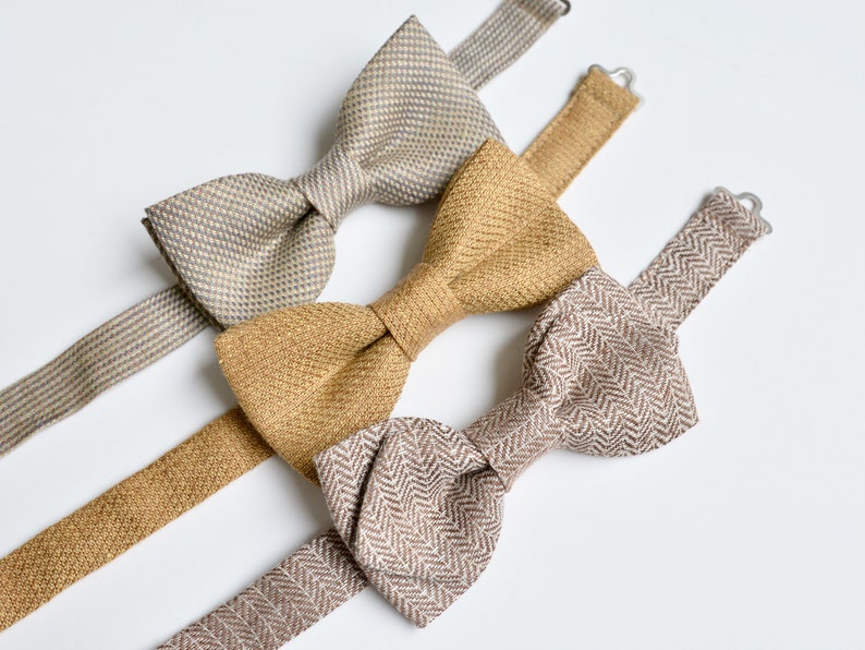 Set of Brown, Rust Mix and Match Linen Bowties Casual, Boho, Vintage inspired Wedding Groomsmen Bow ties image 3