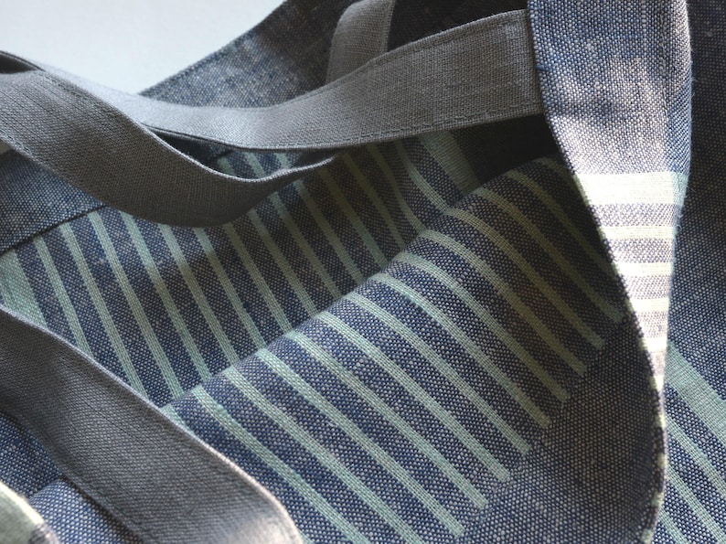 Large blue striped linen canvas shopper bag Beach Bag Market bag with long straps