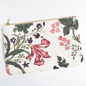 White Burgundy Floral Linen Clutch bag Boho wedding Zippered Purse Essentials bag image 1