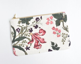 White Burgundy Floral Linen Clutch bag - Boho wedding Zippered Purse - Essentials bag