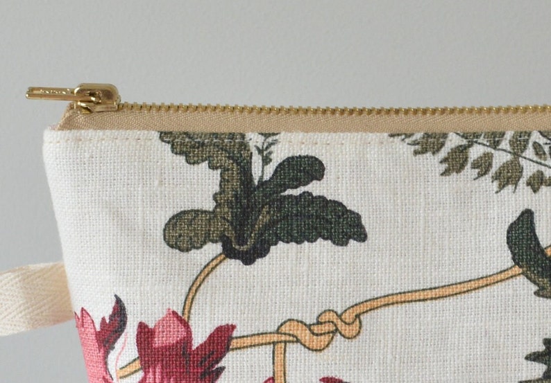 White Burgundy Floral Linen Clutch bag Boho wedding Zippered Purse Essentials bag image 4