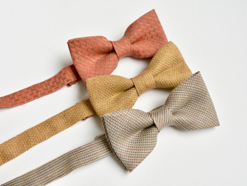Set of Brown, Rust Mix and Match Linen Bowties Casual, Boho, Vintage inspired Wedding Groomsmen Bow ties image 5