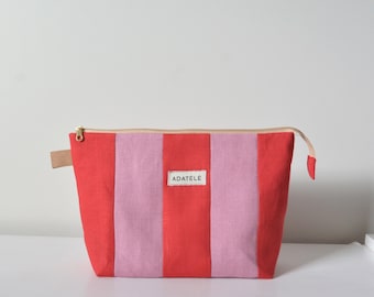 Large Red Pink Striped Quilted Linen Makeup, Cosmetic Pouch - Minimalist Travel Essentials, Organizer Bag - Gift for Her