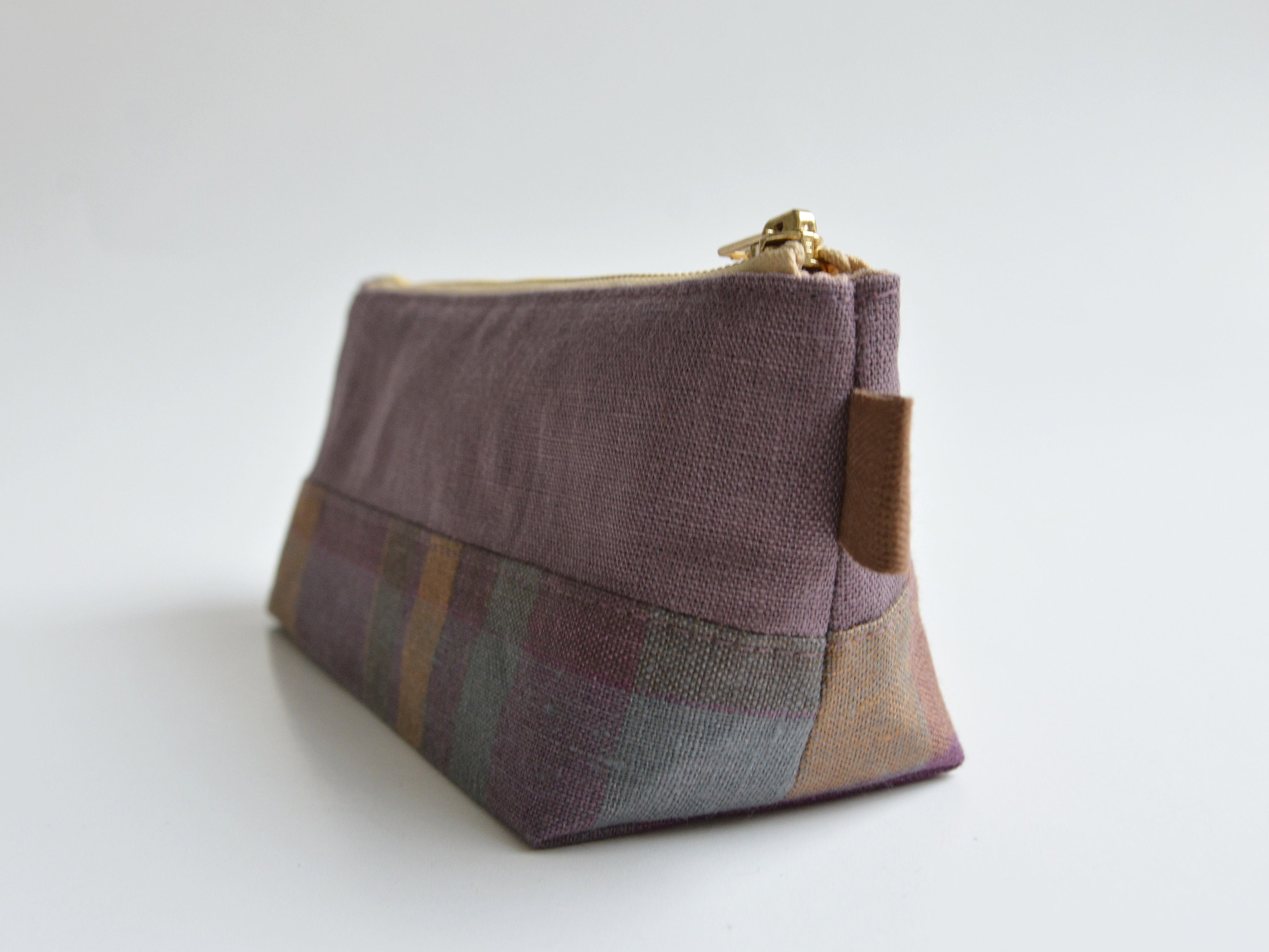 Linen Pencil Case Adult Pen Organizer Purple Brown Tartan Zippered Pouch  Gift for Coworker, Student 