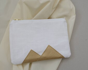 White Gold Linen Brides Clutch bag - Minimalist Wedding, Prom Purse, Evening bag