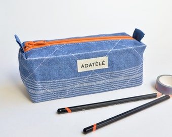 Denim Blue Quilted Linen Pencil Case - Unisex Adult, Kids Pencil Organizer - Boxy Zippered Pouch - Gift for Student
