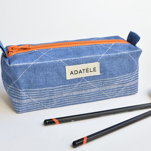 Denim Blue Quilted Linen Pencil Case - Unisex Adult, Kids Pencil Organizer - Boxy Zippered Pouch - Gift for Student