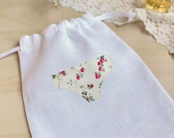 Set of 3 Romantic White Linen Lingerie Bag with Panties Appliqué - Gift for Bridesmaids, Bride