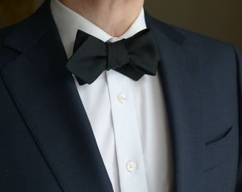 Black Linen Self-tie Bow Tie for men - Groom's Free Style Bowtie - Tuxedo Wing Tip Black Matte Butterfly, Diamond Point Bowtie