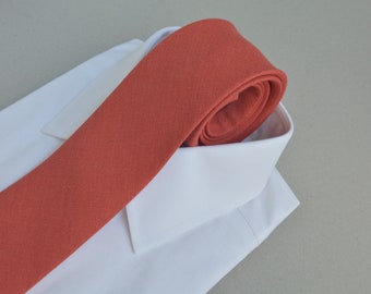 Cravate en lin orange brûlé - Rouge brique, rouille Cravates pour garçons d'honneur - Cravates de mariage automne