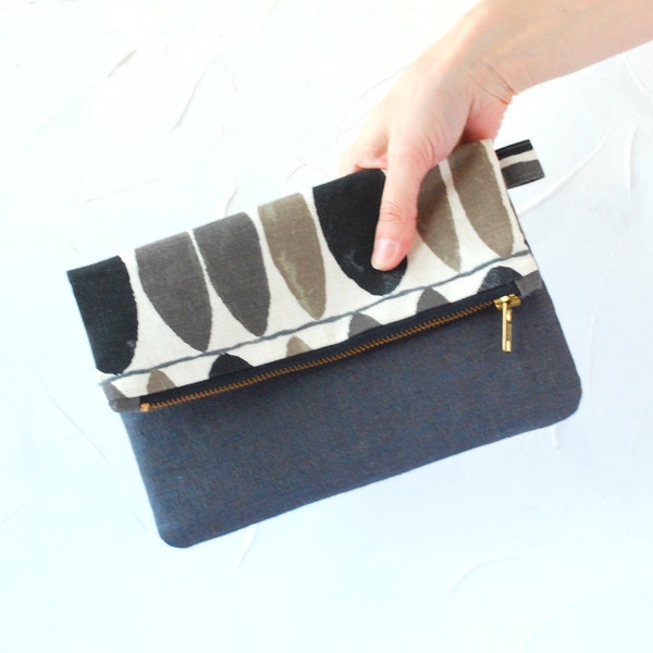 Foldover Clutch - Linen Clutch- Zippered Foldover Bag - Grey Clutch - Geometrical Clutch, Pouch, Case, Purse