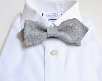Grey Mint Striped Linen Bow tie - Self-Tied Look, Diamond Point Pre-tied, Men, Groom's Wedding Accessory