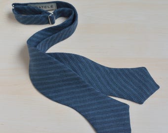 Striped Teal Blue Linen Self Tied Bowtie - Diamond Point, Butterfly Free Style Bow tie