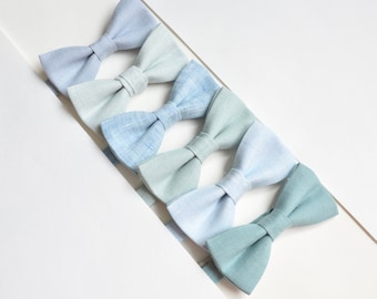 Set of Pastel Blue Green Mismatched Groomsmen Linen Bowties - Mix & Match Textured Light Blue Mint Summer Beach wedding ties