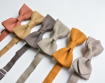 Set of Brown, Rust Mix and Match Linen Bowties - Casual, Boho, Vintage inspired Wedding Groomsmen Bow ties