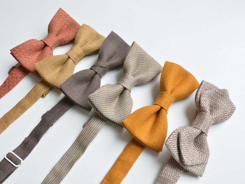 Set of Brown, Rust Mix and Match Linen Bowties Casual, Boho, Vintage inspired Wedding Groomsmen Bow ties image 1
