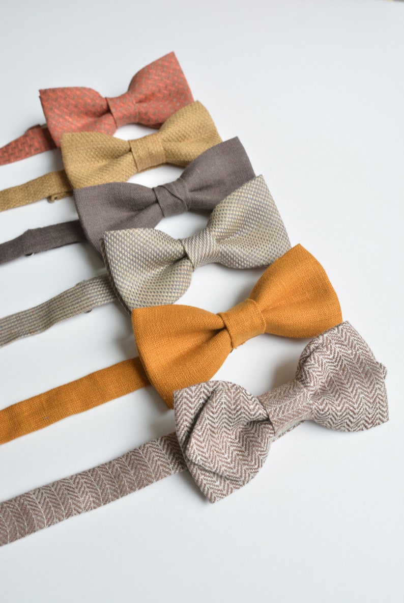 Set of Brown, Rust Mix and Match Linen Bowties Casual, Boho, Vintage inspired Wedding Groomsmen Bow ties image 2