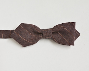 Pinstriped Brown Linen Vintage Style Slim, Diamond Point Men Bowtie