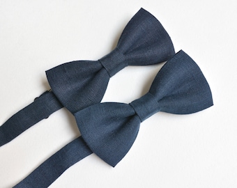 Marine Blue Linen Bow Tie - Classic Groom, Best men Navy Blue Bow ties - Matching Father Son Bow ties