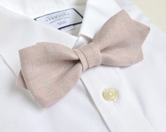 Grey Blush Textured Linen Bow Tie - Diamond point pre-tied Grooms, Prom Bow Tie