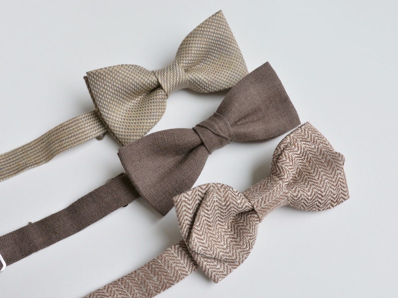 Set of Brown, Rust Mix and Match Linen Bowties Casual, Boho, Vintage inspired Wedding Groomsmen Bow ties image 4