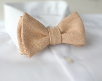 Caramel, Ginger, Apricot Linen Self tie Grooms Bow Tie - Autumn wedding Groomsmen Bowties - Pale Brown bow tie