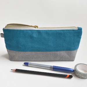 Teal Linen Pencil Case - Large Stationary Organizer - Adult, Kids Writing Tools Holder - Back to School Gift for Student, Teacher