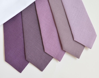 Set of 4 Mismatched Purple, Lavender, Mauve Linen Wedding Neckties for Groomsmen