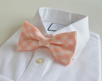 Checkered Peach Orange Linen Bow tie - Tropical, Beach Wedding Groomsmen, Men, Boys ties