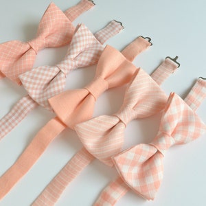 Peach Mix & Match, Mismatched Wedding Groomsmen Bow ties Checkered Striped Linen Bowties