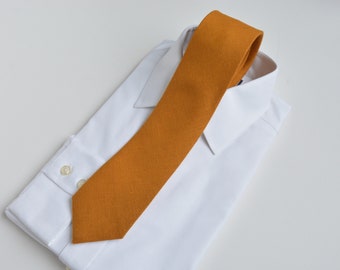 Mustard Ochre Marigold Orange Linen Necktie - Groom, Groomsmen Summer, Autumn Wedding Ties