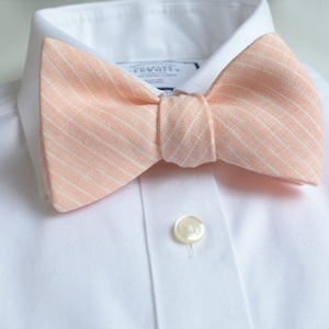 Peach Striped Linen Self Tied Bow Tie - Free style Bow tie - Peach Wedding Groom Groomsmen Prom Diamond Point, Butterfly Men Bow ties